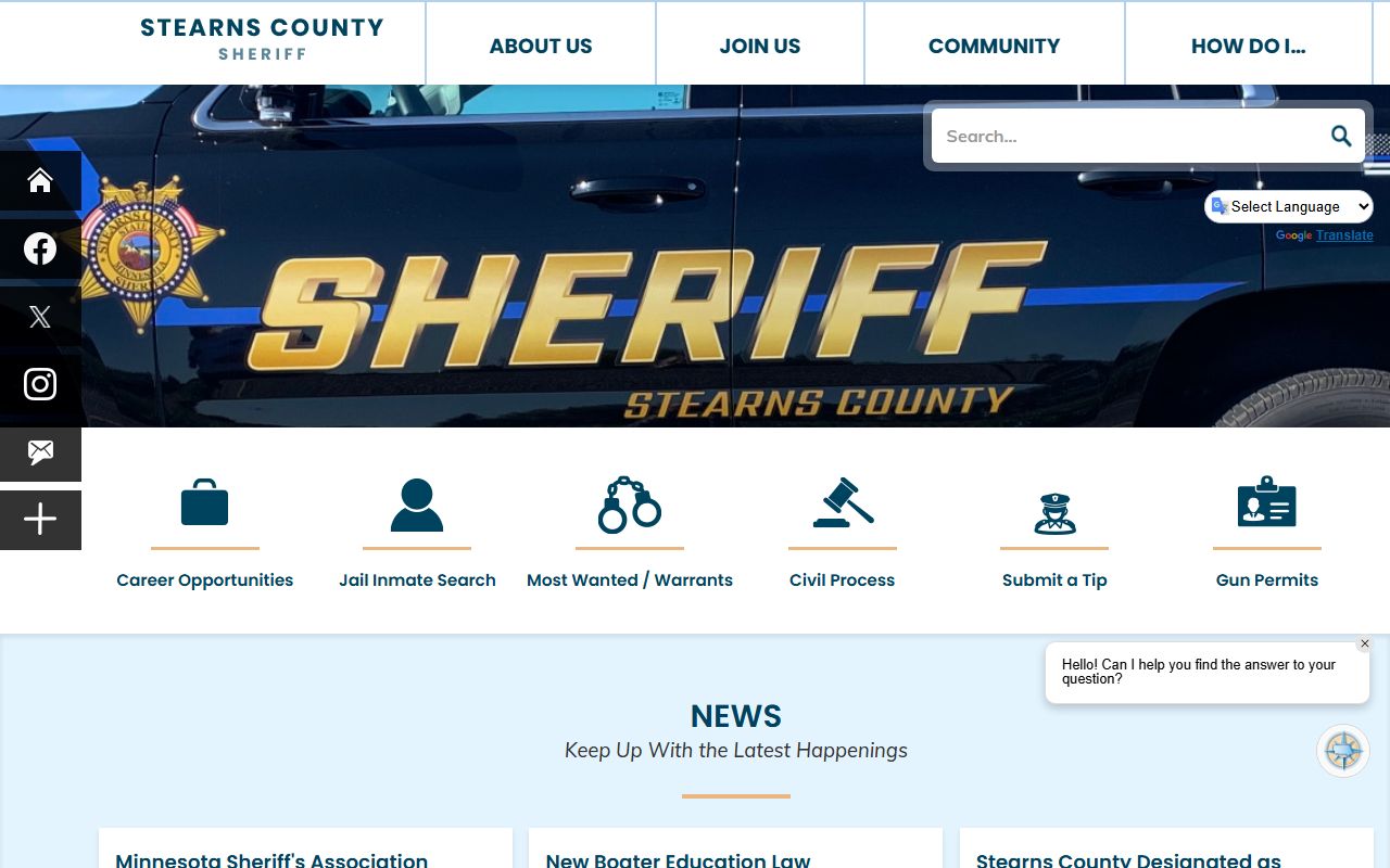 Stearns County Sheriff's Office website showing recent arrests contact info